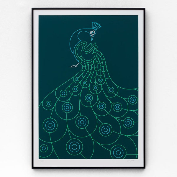 Peacock A2 limited edition screen print, hand-printed in 3 colours