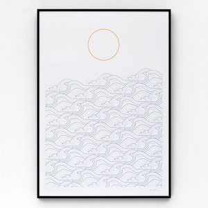 Waves A2 limited edition screen print, hand-printed in metallic blue and orange