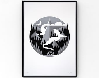 Hideaway A3 limited edition screen print, hand-printed in metallic gunmetal silver and black