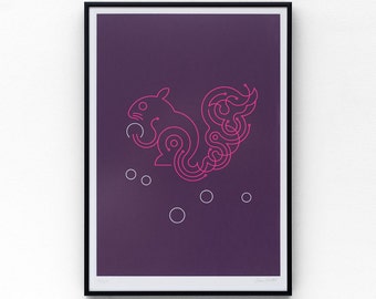 Squirrel A3 limited edition screen print, hand-printed in dark purple and bright pink