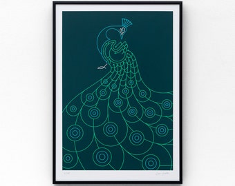 Peacock A3 limited edition screen print, hand-printed in 3 colours