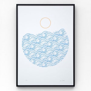 Waves A3 limited edition screen print, hand-printed in cobalt blue and orange