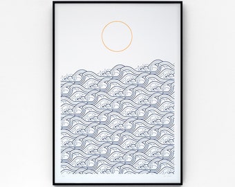 Waves A2 limited edition screen print, hand-printed in dark blue and orange