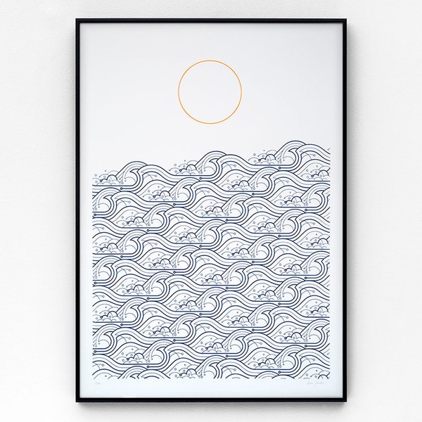 Waves A2 limited edition screen print, hand-printed in dark blue and orange