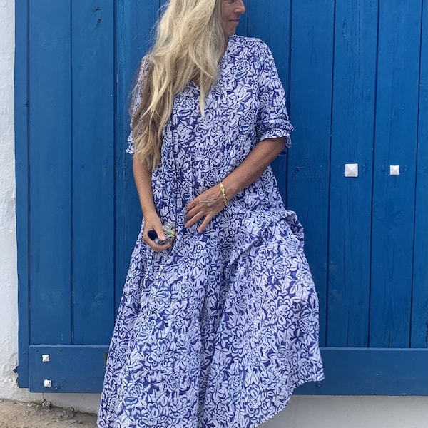 Robe longue bleue, resortwear, longue robe bohème en coton bio doux d'Ibiza, robe d'été bohème grande taille, resortwear, longue robe bohème