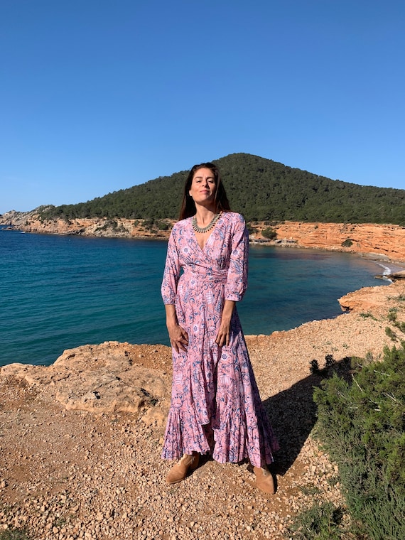 pink and blue floral maxi dress Cotton Wrap Dress: & Hand Block Print Ariel Blue Ruffled Cap cat_sale_dresses Size:18 Husky 100% rayon / material