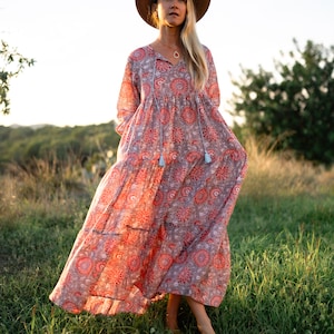 Boho Dress in joyful sunflower hand block print , organic soft cotton all sizes image 1