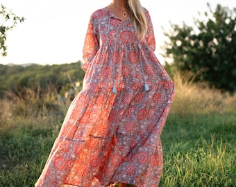 Boho Dress in joyful sunflower hand block  print , organic soft cotton- all sizes