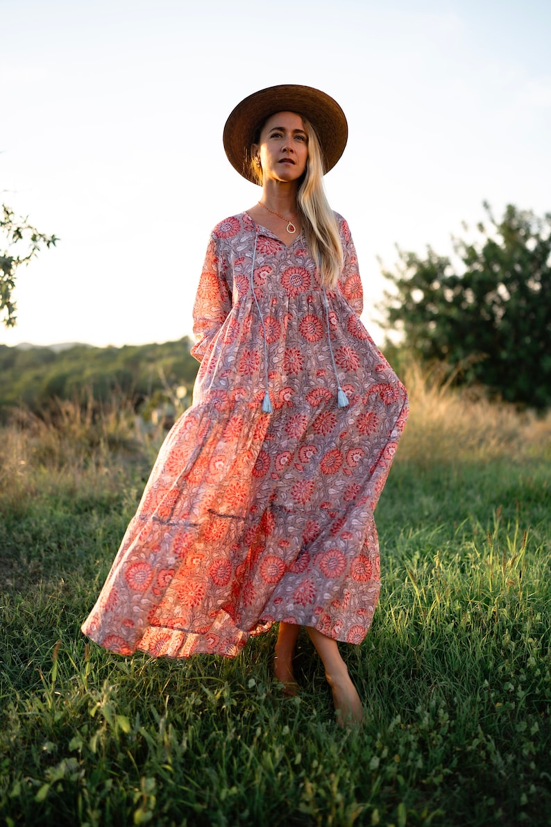 Boho Dress in joyful sunflower hand block print , organic soft cotton all sizes image 1