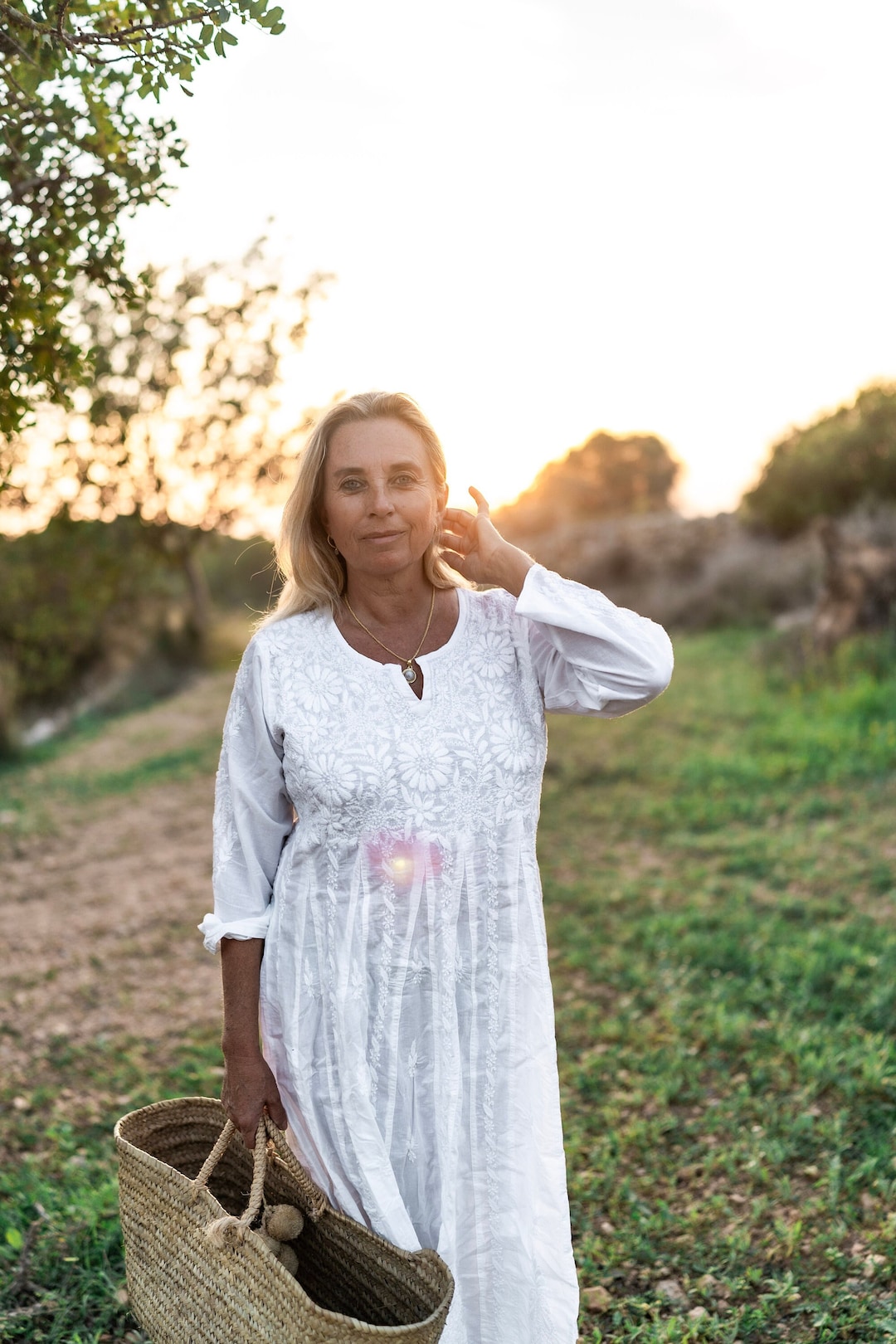 White Long Boho Cotton Dress With Full Hand Embroidery, Resortwear