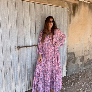 Bohemian flower printed maxi boho dress ,cotton tunica , beach fashion , resort wear ,Ibiza fashion , hippie chic, pink maxi dress ,tunic image 2