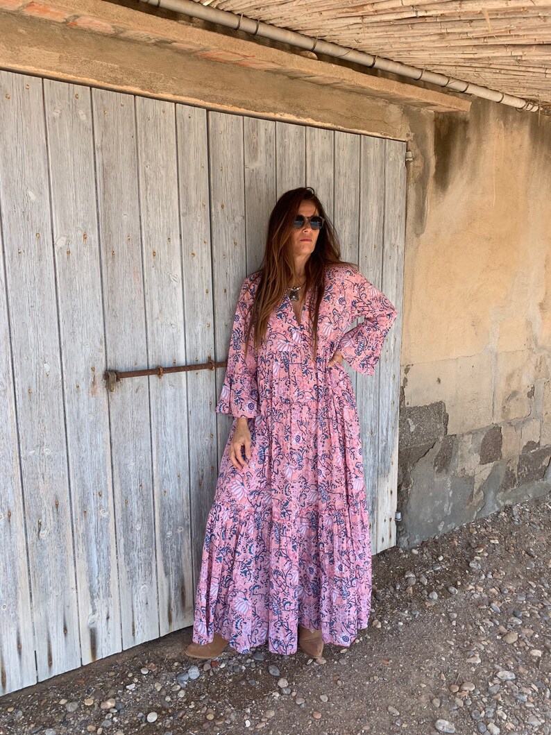 Bohemian flower printed maxi boho dress ,cotton tunica , beach fashion , resort wear ,Ibiza fashion , hippie chic, pink maxi dress ,tunic image 2