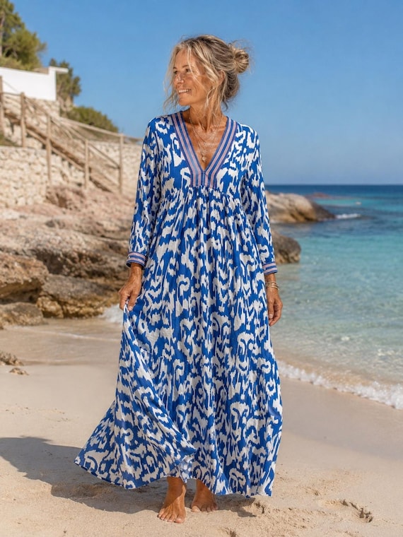 blue and white ikat dress Print Kaftan: Ocean Boho Maxi Dress, Organic Cotton Kelsey dress