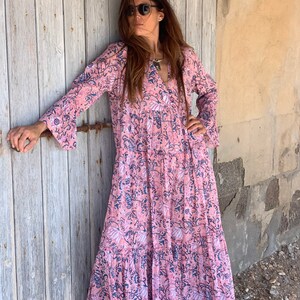 Bohemian flower printed maxi boho dress ,cotton tunica , beach fashion , resort wear ,Ibiza fashion , hippie chic, pink maxi dress ,tunic image 9