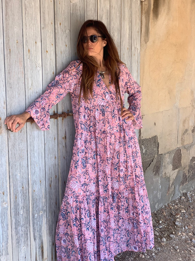 Bohemian flower printed maxi boho dress ,cotton tunica , beach fashion , resort wear ,Ibiza fashion , hippie chic, pink maxi dress ,tunic image 9