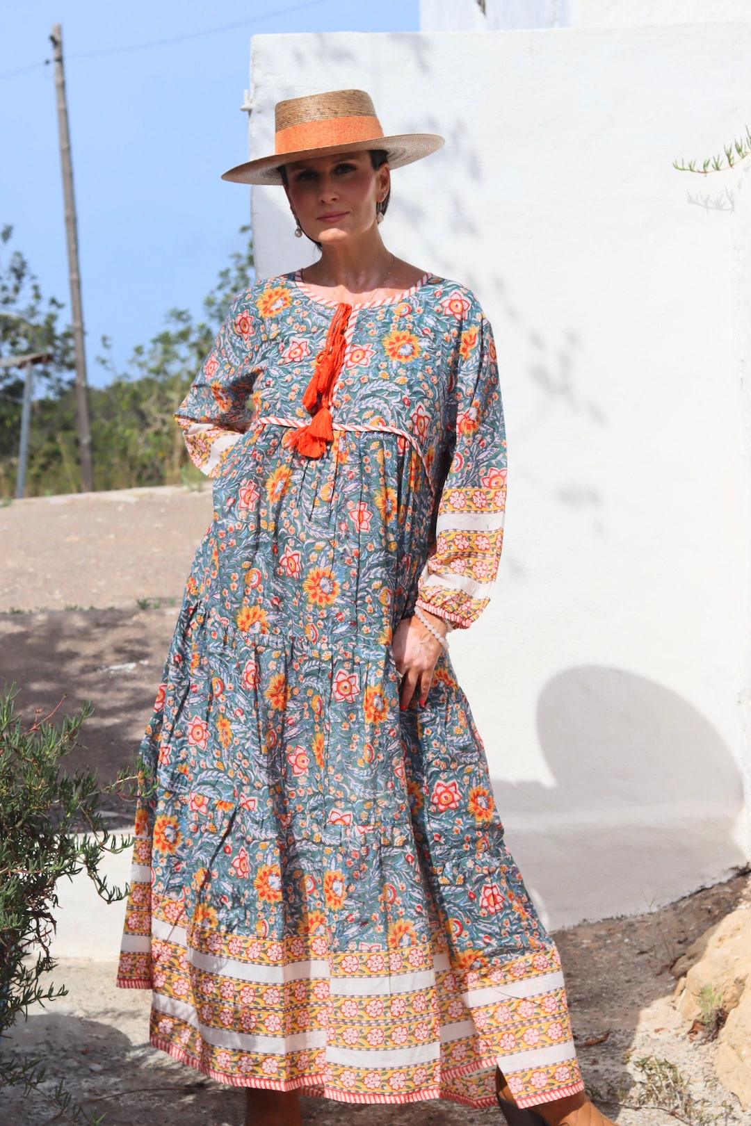 boho maxi dress xs ESTELLE BOHO RUFFLE DRESS-SAND S main image 0