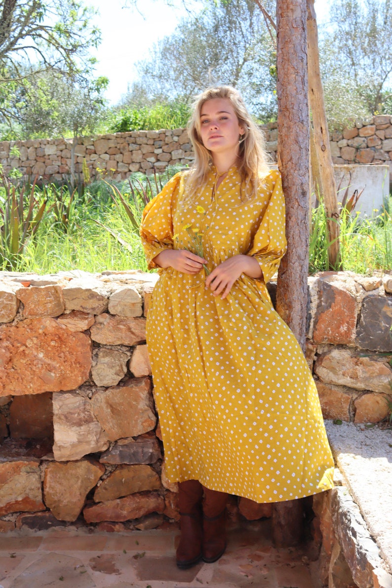 Yellow style boho beach fashion,maxi long bohemian dress made in hand block printed cotton ,sun flower print,plus size boho flower dress, image 5