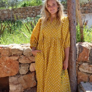 Yellow style boho beach fashion,maxi long bohemian dress made in hand block printed cotton ,sun flower print,plus size boho flower dress, image 6