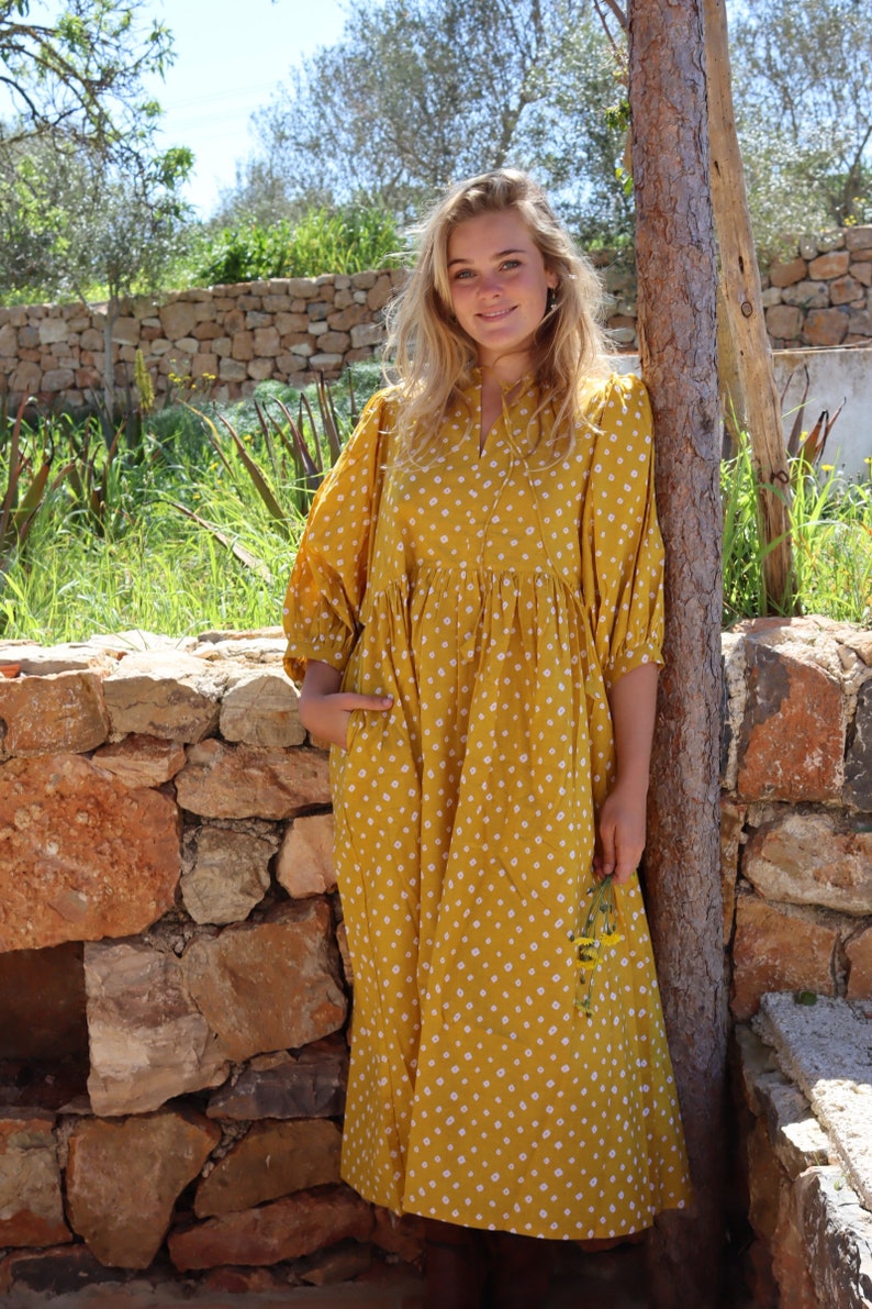 Yellow style boho beach fashion,maxi long bohemian dress made in hand block printed cotton ,sun flower print,plus size boho flower dress, image 6