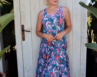 Sun Dress , Ibiza boho girl ,  turquoise organic cotton sleeveless flower dress