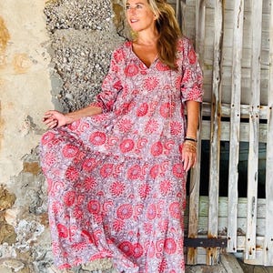 Boho Dress in joyful sunflower hand block  print , organic soft cotton- all sizes . Ibiza bohemian maxi dress