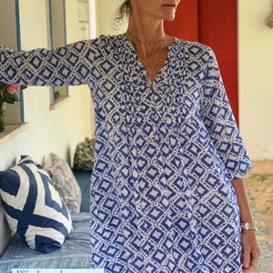 Blue and white bohemian tunica  blouse  , organic Cotton summer dress, resort wear from Ibiza