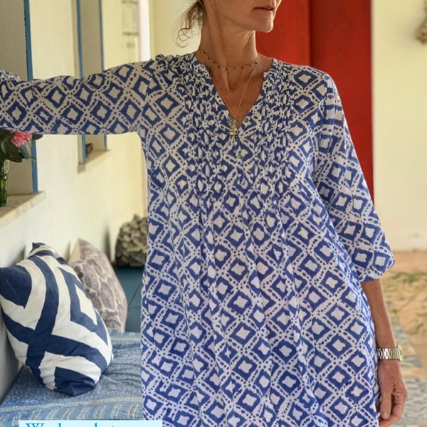 Blouse tunique bohème bleue et blanche, robe d'été en coton biologique, tenues de villégiature d'Ibiza