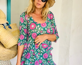 Hand Block Printed Floral Maxi Dress: Boho Resort Wear