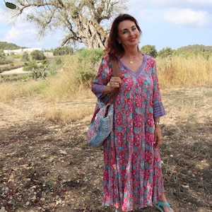 Plus size boho maxi dress made in handmade block print in fresh Mediterranean blue and white organic cotton image 4