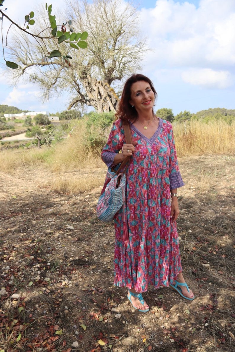 Plus size boho maxi dress made in handmade block print in fresh Mediterranean blue and white organic cotton image 4