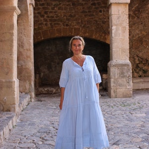 Boho blue maxi dress ,long dress finest muslin cotton with hand embroidery, plus-size summer dress , resortwear, cruise , holiday dress zdjęcie 5