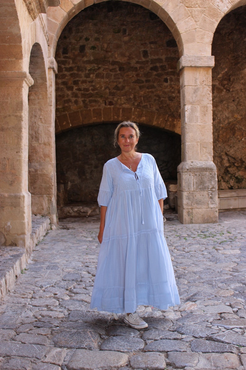 Boho blue maxi dress ,long dress finest muslin cotton with hand embroidery, plus-size summer dress , resortwear, cruise , holiday dress image 5