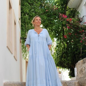 Boho blue maxi dress ,long dress finest muslin cotton with hand embroidery, plus-size summer dress , resortwear, cruise , holiday dress image 7