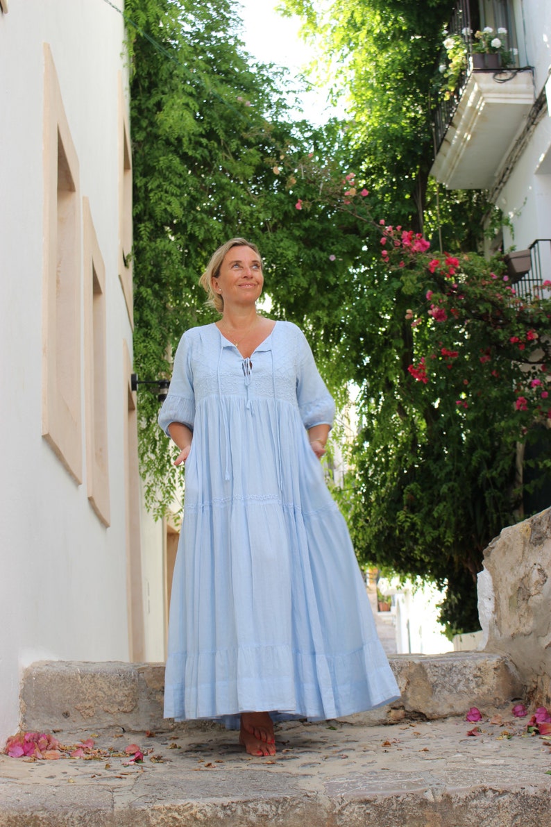 Boho blue maxi dress ,long dress finest muslin cotton with hand embroidery, plus-size summer dress , resortwear, cruise , holiday dress zdjęcie 7