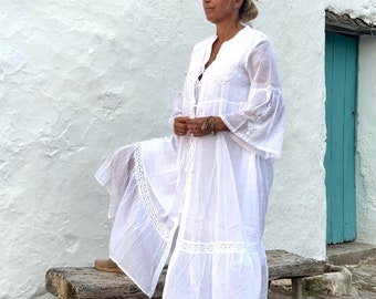 Veste d'été en mousseline de coton, robe bohème avec broderie à la main en blanc d'Ibiza, vêtements de plage couvrants, robe bohème, coton le plus fin, haut féminin