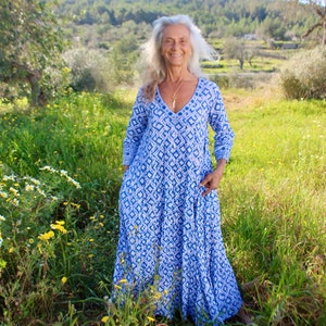 Plus size boho maxi dress kaftan , made in handmade block print in blue and white print image 4