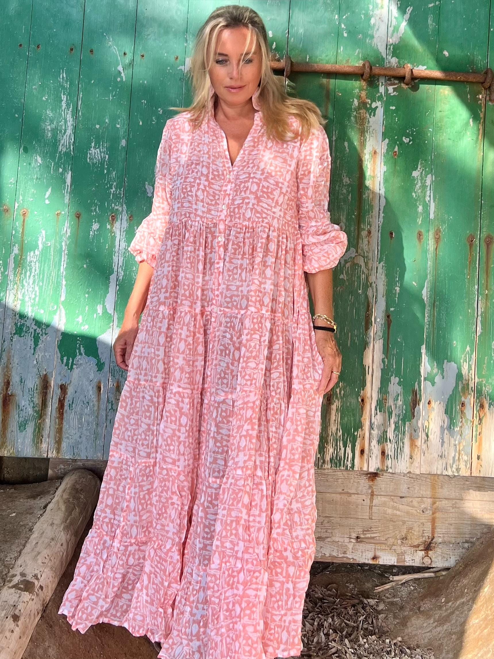 Flower cotton  bohemian  hand block printed dress  , resortwear summer  holiday  pastel pink  boho dress ,hippy luxury style fashion