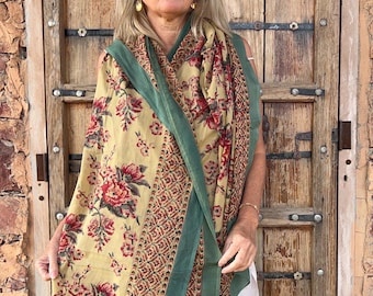 Hand-Block Printed Cotton Sarong: Floral Beach Wrap, Yoga Shawl