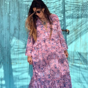 Bohemian flower printed maxi boho dress ,cotton tunica , beach fashion , resort wear ,Ibiza fashion , hippie chic, pink maxi dress ,tunic image 6