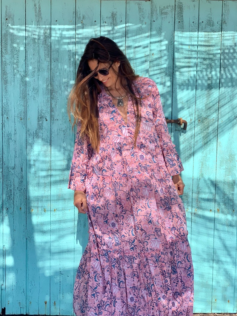 Bohemian flower printed maxi boho dress ,cotton tunica , beach fashion , resort wear ,Ibiza fashion , hippie chic, pink maxi dress ,tunic image 6