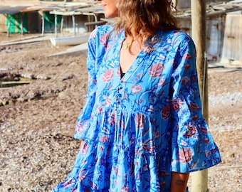 Tunika Boho Kleid in blau und weiß, Ibiza Hippie Tunika Kleid, Plus Size Boho Kleidung, Bademode, Urlaubskleidung. Ibiza Kleid,