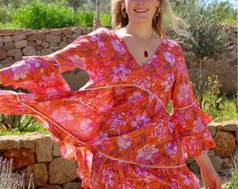 Sexy cotton boho tunica , summer dress, Ibiza boho fashion  Ibiza , orange off shoulder dress , boho summer fashion , Ibizabohogirl, HIPPIE