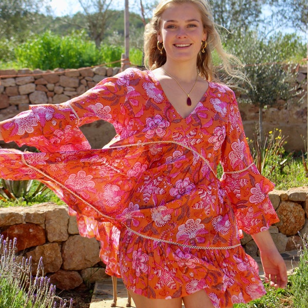 Sexy cotton boho tunica , summer dress, Ibiza boho fashion  Ibiza , orange off shoulder dress , boho summer fashion , Ibizabohogirl, HIPPIE