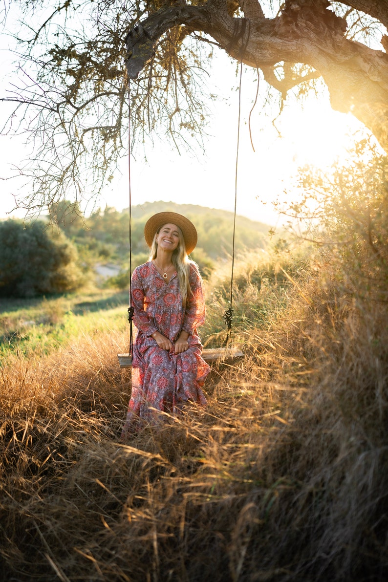 Boho Dress in joyful sunflower hand block print , organic soft cotton all sizes image 2