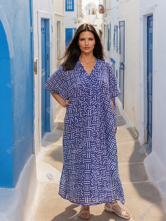 blue and white kaftan dress Plus Size Muslin Cotton Dress: & Extravagant Design 136 cm bust circumference