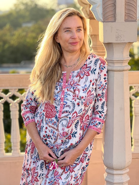 women block printed organic cotton dress Boho Floral Dress: Organic Cotton Hand Block Print, Mid-length