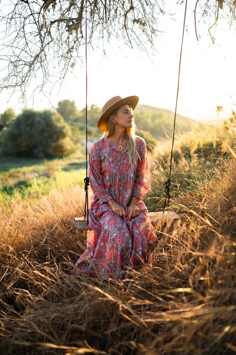 Boho Dress in joyful sunflower hand block print , organic soft cotton all sizes image 6