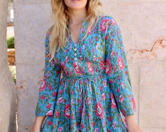 Hand Block Printed Boho Dress: Turquoise Floral Tunic