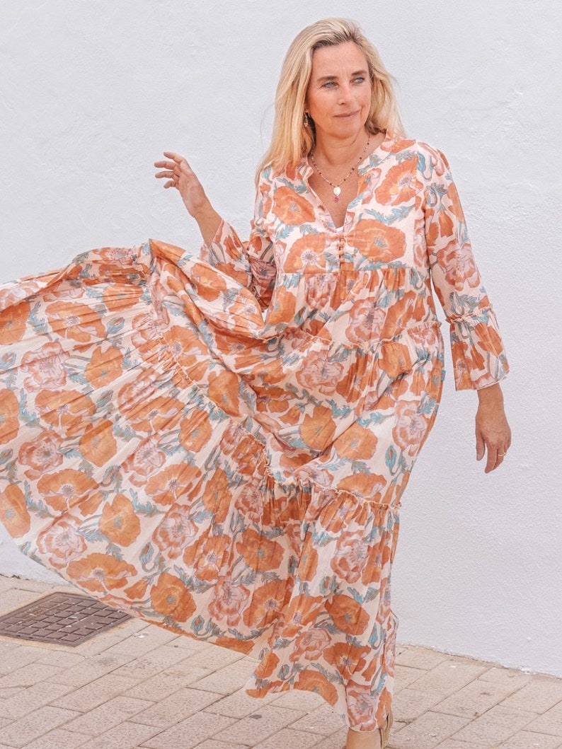 Bohemian flower printed maxi bohemian dress ,cotton print tunica , beach fashion , resort wear ,Ibiza fashion , hippie chic image 1