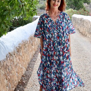 Boho summer dress, blue long kaftan dress, beach sun vacation vibes , plus size dress, hand block printed kaftan dress,beach cover up , image 2